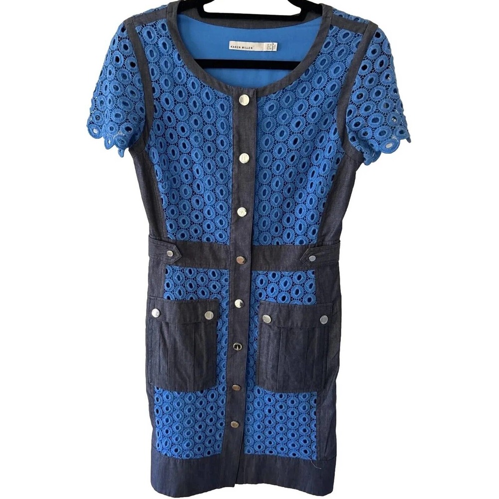 Designer Karen Millen Blue Crochet/denim Dress Pockets Lined Snaps Holidays Gift